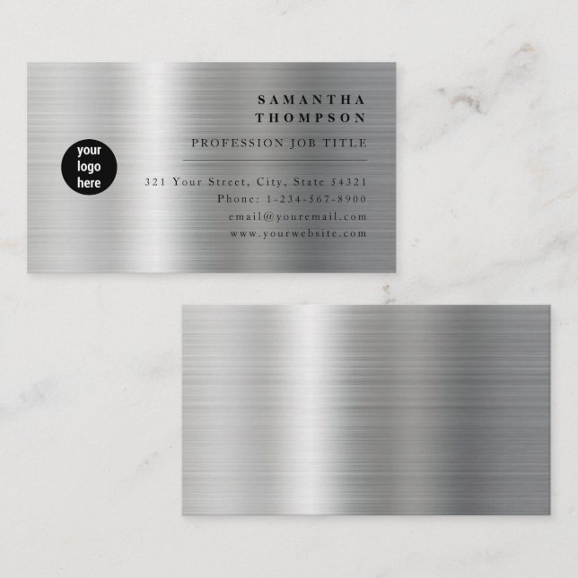 Modern Silver Grey Metal Logo Business Card (Front/Back)