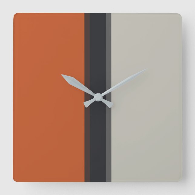 Modern Silver Grey Navy Orange Red Stripe Pattern Square Wall Clock (Front)