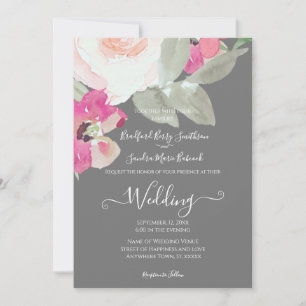 Modern Silver Grey Pink Floral Wedding invitation