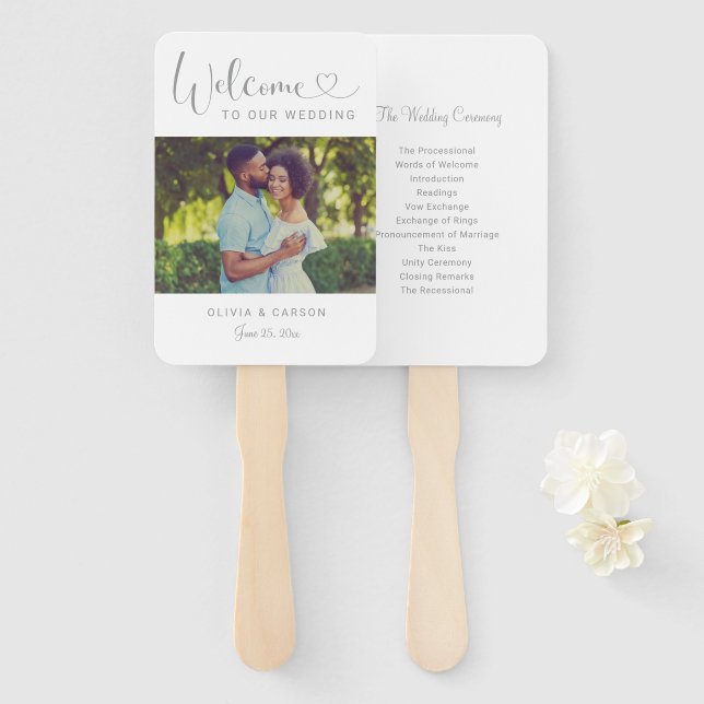 Modern Silver Heart Script Wedding Photo Ceremony Hand Fan (Front and Back)