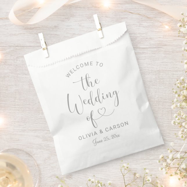 Modern Silver Heart Script Welcome Wedding Favour Bag (Clipped)