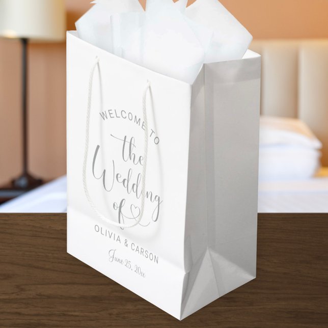 Modern Silver Heart Script Welcome Wedding Medium Gift Bag (Creator Uploaded)