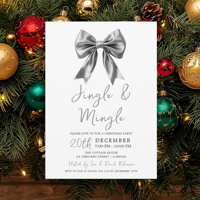 Modern Silver Jingle & Mingle Christmas Party Bow Invitation (Modern Silver Jingle & Mingle Christmas Party Bow Invitation)