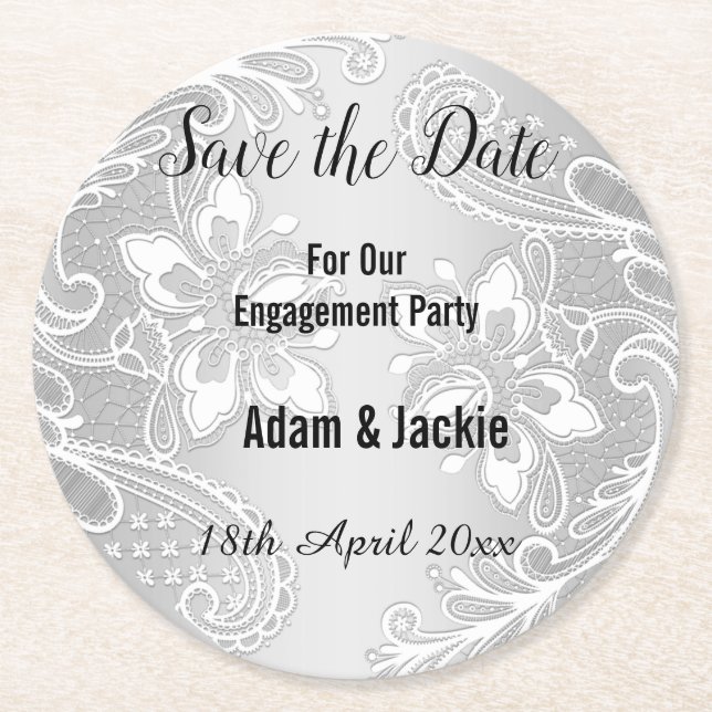MODERN SILVER LACE SAVE THE DATE COASTER (Front)