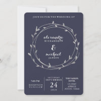Modern Silver Leafy Circles Midnight Blue Wedding