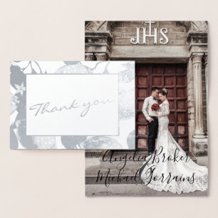 Modern Silver Lemons & Foliage Wedding Photo Real Foil Card