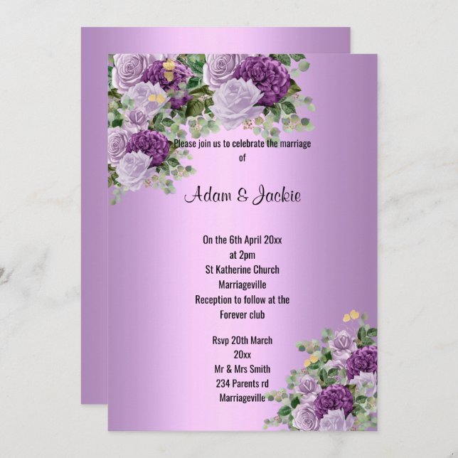 Modern Silver Lilac Purple floral ELEGANT WEDDING Invitation (Front/Back)