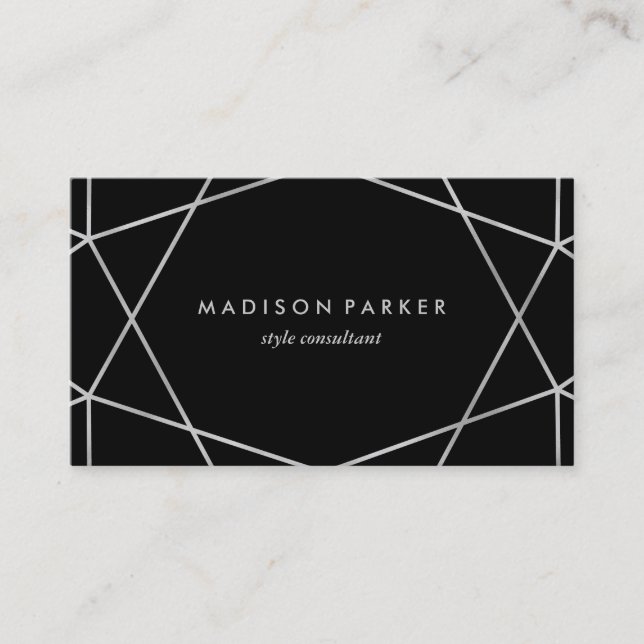 Modern Silver Look Geometric on Black Business Card (Front)
