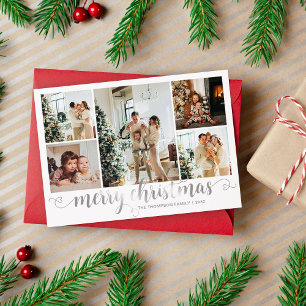 Modern Silver Merry Christmas Heart Script 5 Photo Holiday Card