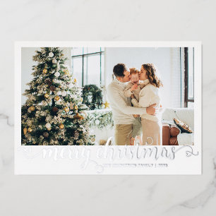Modern Silver Merry Christmas Heart Script Photo Foil Holiday Card