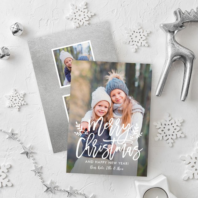 Modern Silver Merry Christmas Script Photo Collage Holiday Card (Creator Uploaded)