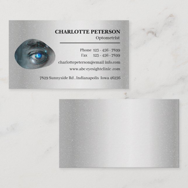 Modern Silver Metal  Optometrist  Business Card (Front/Back)
