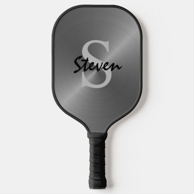 Modern Silver Metallic Chrome Monogram Name Pickleball Paddle (Front)