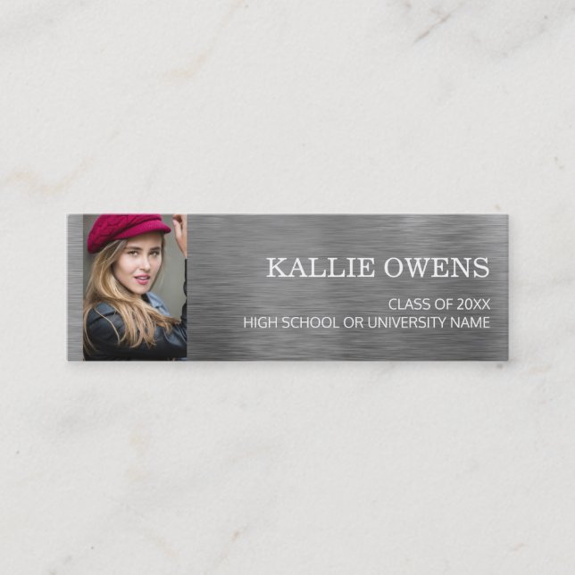 Modern Silver Metallic Metal Graduation Photo  Calling Card (Front)