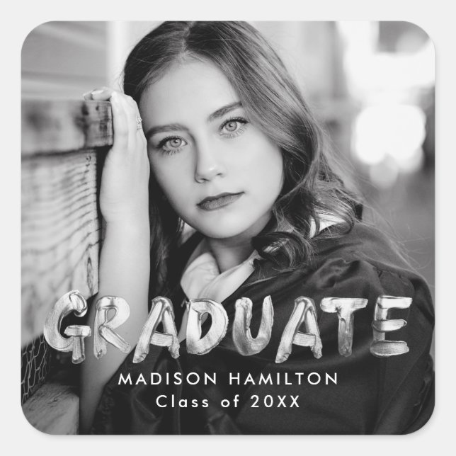 Modern Silver Metallic Photo Graduation Square Sticker (Front)