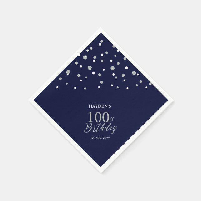 Modern Silver & Navy Blue 100th Birthday Party Napkin (Corner)