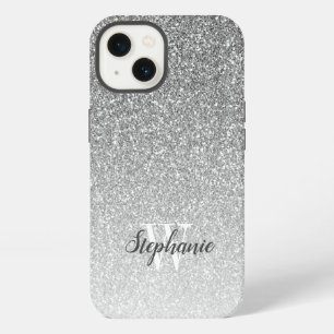 Modern Silver Ombre Faux Glitter Monogram iPhone 13 Case