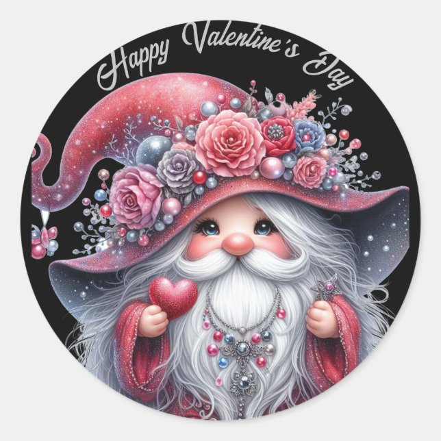 Modern silver pearl red valentine gnome Classic Classic Round Sticker (Front)