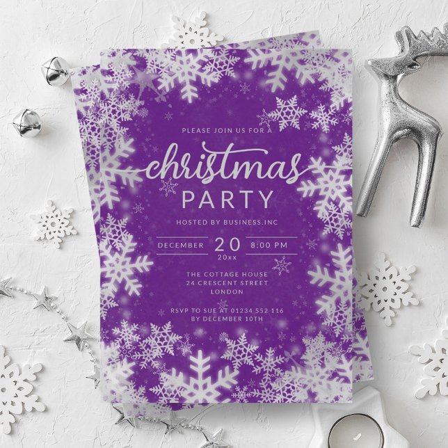 Modern Silver Purple Snowflakes Company Christmas  Invitation (Modern Silver Purple Snowflakes Company Christmas Invitation)