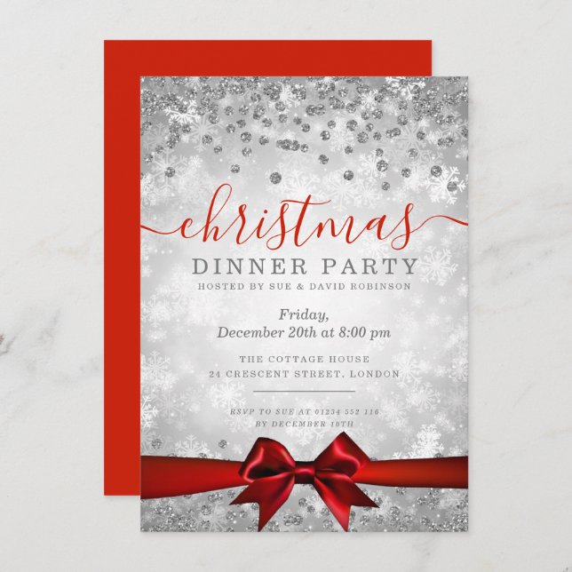 Modern Silver Red Christmas Glitter Winter Invitation (Front/Back)