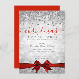 Modern Silver Red Christmas Glitter Winter Invitation