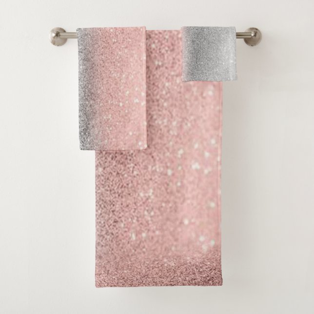 Modern Silver Rose Gold Glitter Ombre Bath Towel Set (Insitu)