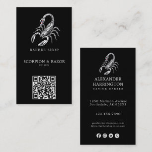 Modern Silver Scorpion Barber Shop Logo Qr Code Business Card
