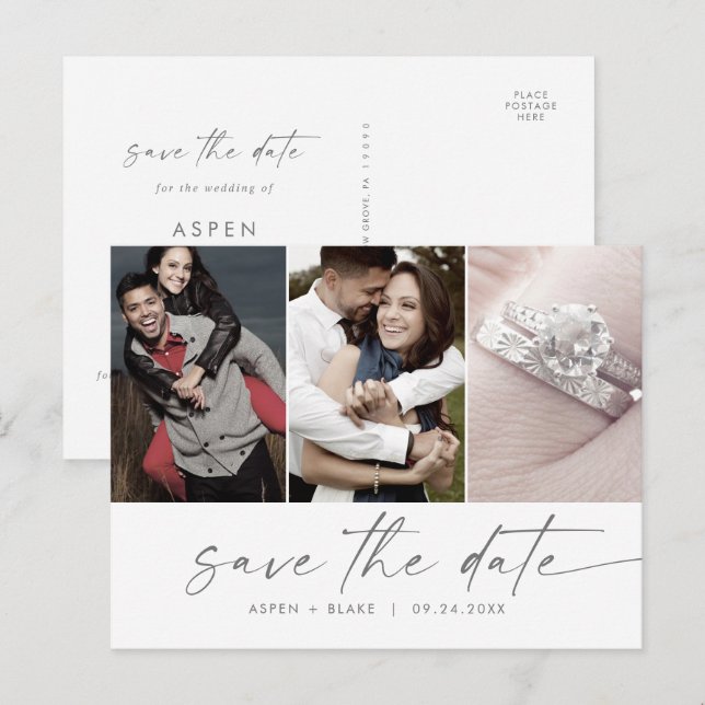 Modern Silver Script 3 Photo Save the Date Invitation Postcard (Front/Back)