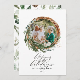 Modern silver script botanical 1 photo Christmas Holiday Card