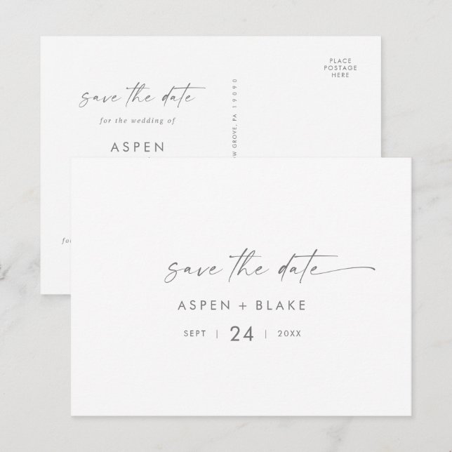 Modern Silver Script Horizontal Save the Date Invitation Postcard (Front/Back)