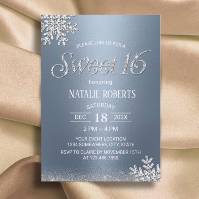 Modern Silver Snowflake Dusty Blue Winter Sweet 16 Invitation (Creator Uploaded)