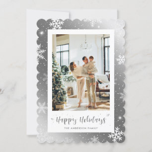 Modern Silver Snowflake Photo Happy Holidays Card