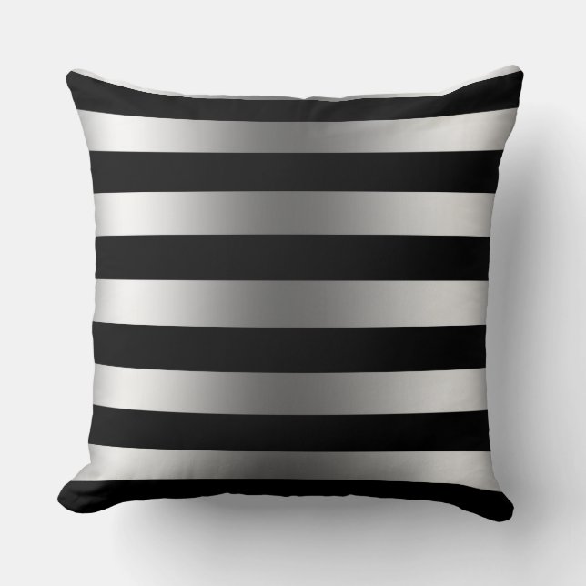 Modern Silver Stripes Black Background Cushion (Front)