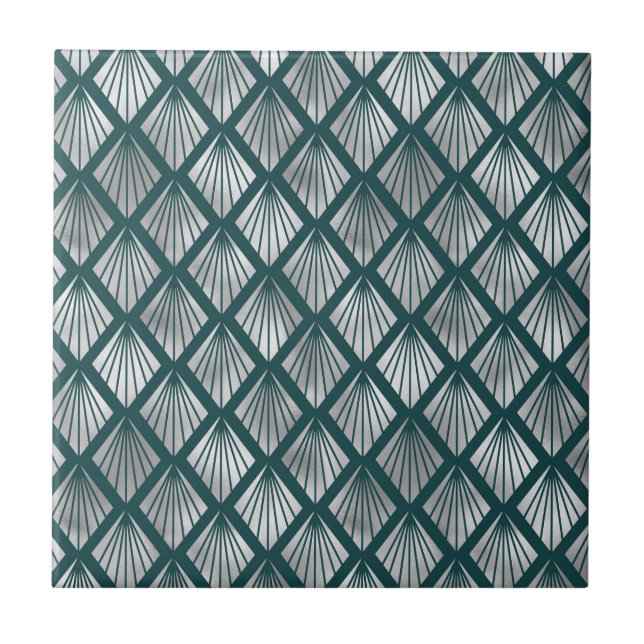 Modern Silver Teal Elegant Art Deco Ceramic Tile (Front)