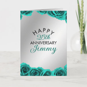 Modern Silver Teal Roses Husband 25th Anniversary Card
