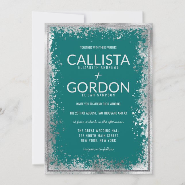 Modern Silver Teal Splatter Glitter Border Wedding Invitation (Front)