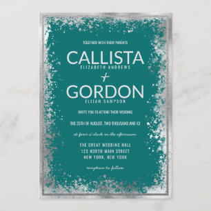 Modern Silver Teal Splatter Glitter Border Wedding Invitation
