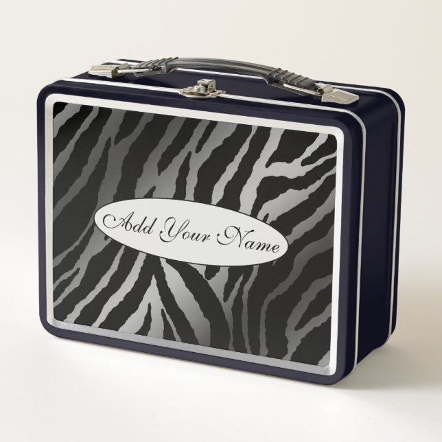 Modern Silver Tiger Add Your Text Metal Lunch Box (Front)