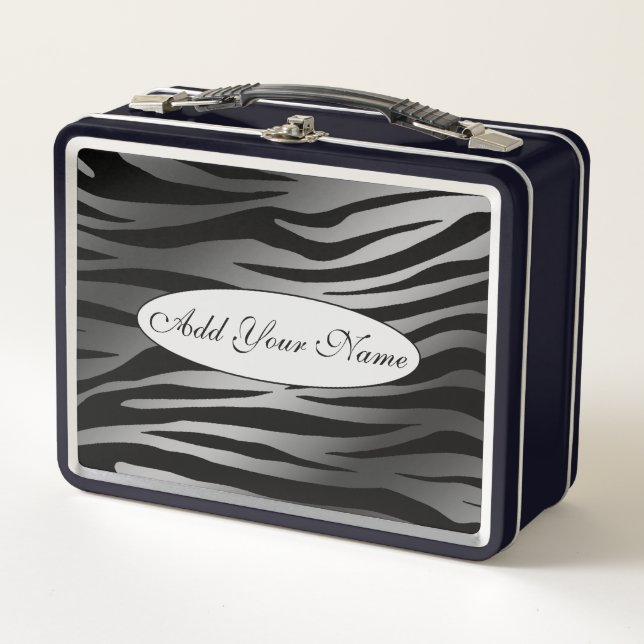Modern Silver Tiger Add Your Text Metal Lunch Box (Front)