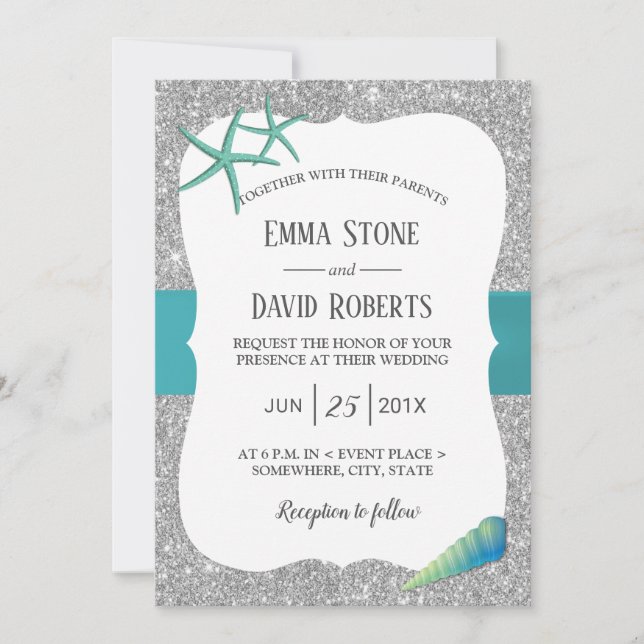 Modern Silver Turquoise Starfish Beach Wedding Invitation (Front)
