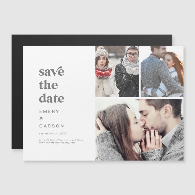 Modern Silver Typography 3 Photo Save the Date Magnetic Invitation (Front/Back)