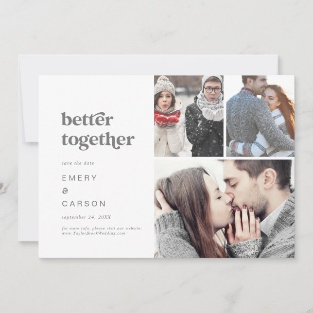 Modern Silver Typography Better Together 3 Photo Save The Date (Front)