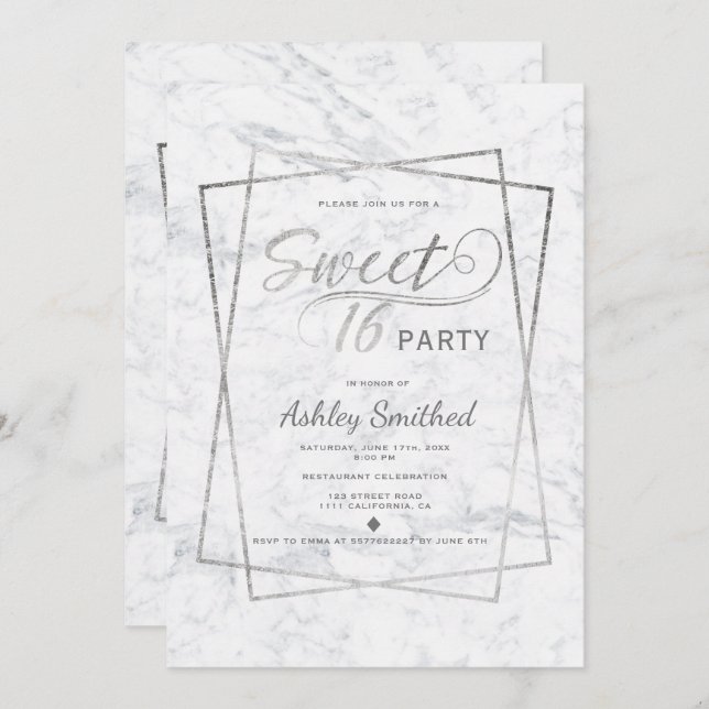 Modern silver typography marble Sweet 16 Invitation (Front/Back)