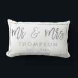 Modern silver white Mr and Mrs wedding keepsake Lumbar Cushion<br><div class="desc">Modern chic silver foil Mr and Mrs wedding keepsake names with a faux silver calligraphy script,  add your names and your wedding date with a geometric frame border,  the white colour background is fully editable.</div>