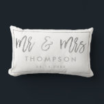 Modern silver white Mr and Mrs wedding keepsake Lumbar Cushion<br><div class="desc">Modern chic silver foil Mr and Mrs wedding keepsake names with a faux silver calligraphy script,  add your names and your wedding date with a geometric frame border,  the white colour background is fully editable.</div>