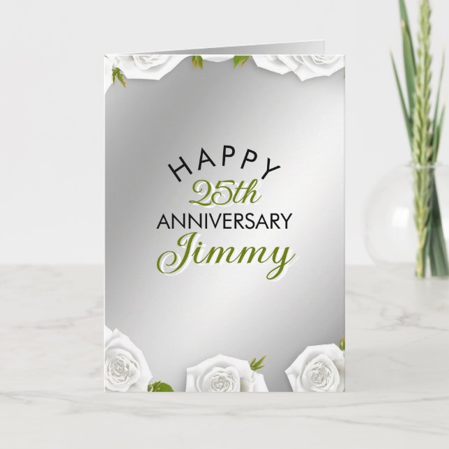 Modern Silver White Rose Husband 25th Anniversary Card (Front)