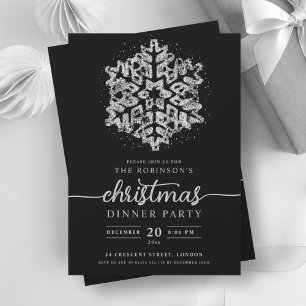 Modern Silver Winter Snowflake Christmas Black  Invitation