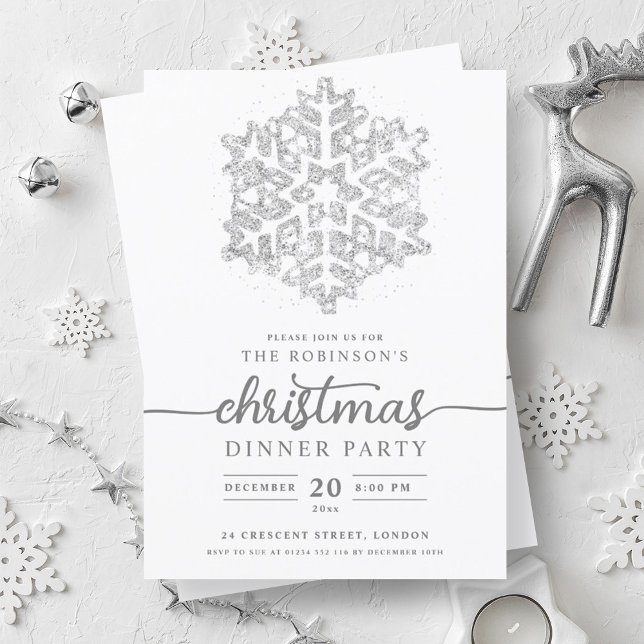 Modern Silver Winter Snowflake Christmas Party  Invitation (Modern Silver Winter Snowflake Christmas Party Invitation)