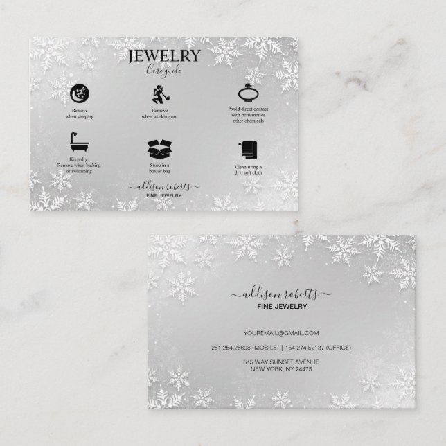 Modern Silver Winter Snowflakes Business Card (Front/Back)