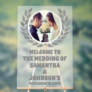 Modern Silver Wreath Photo Wedding Welcome Frosted Acrylic Sign